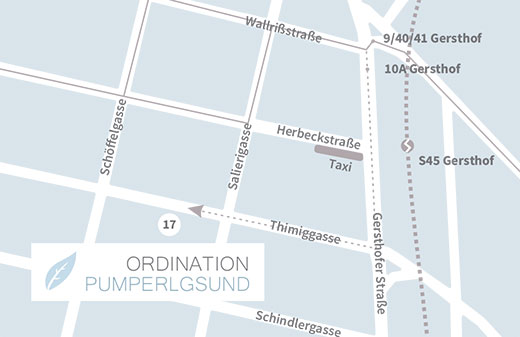 Anfahrtsplan zur Ordination von Dr. Ingrid Rapatz, 1180 Wien, Timiggasse 17 - Pumperlgsund/nu:media